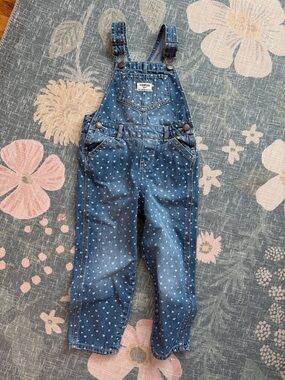 OshKosh B'gosh Denim Heart Print Overalls - Blue with White Hearts